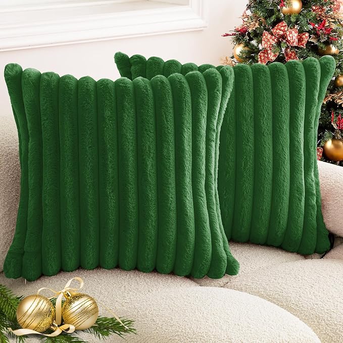 Christmas Dark Green Faux Fur Plush Throw Pillow Covers 20x20 Set of 2 Fuzzy Striped Soft Cozy Pillowcase Luxury Decorative Pillows Square Fluffy Cushion Covers for Couch Sofa Bed