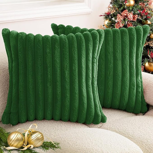 Christmas Dark Green Faux Fur Plush Throw Pillow Covers 16x16 Set of 2 Fuzzy Striped Soft Cozy Pillowcase Luxury Decorative Pillows Square Fluffy Cushion Covers for Couch Sofa Bed
