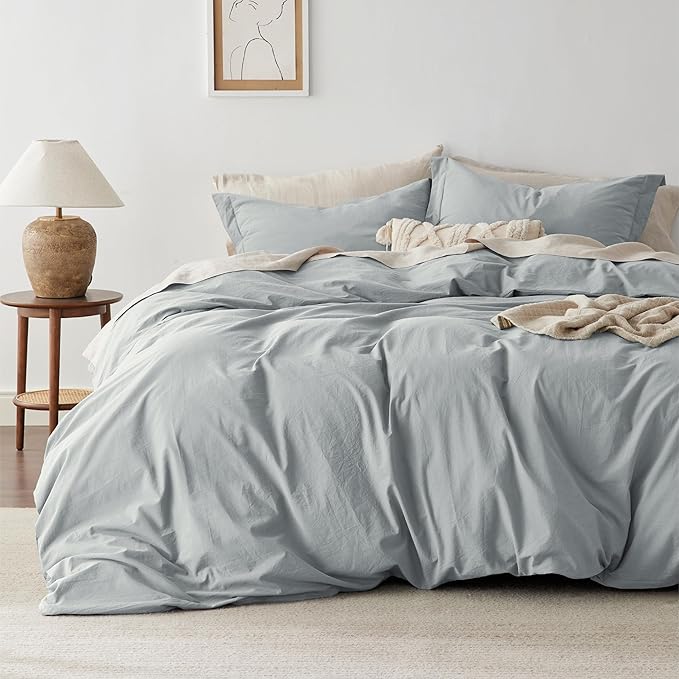 Bedsure 100% Washed Cotton Duvet Cover Queen Size - Pastel Blue Minimalist Cotton Duvet Cover Linen Like for All Seasons - GentleSoft™ Plain Simple Bedding (Pastel Blue, Queen, 90"x90")