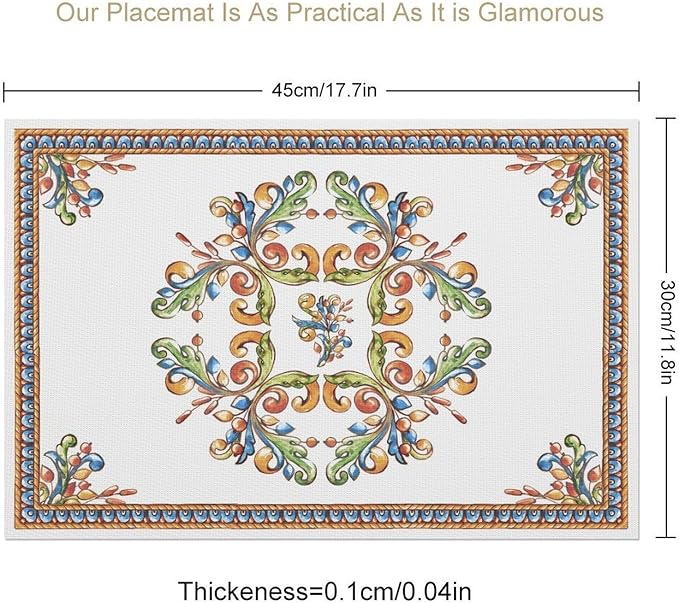 Boho Tiles Placemat Set of 4, 12x18 Inch Rustic Floral Birds Mexican Talavera Ceramic Mexico Tiles Dia De Los Muertos Coffee Vintage Table Mats for Outdoor Kitchen Dining Table Decoration