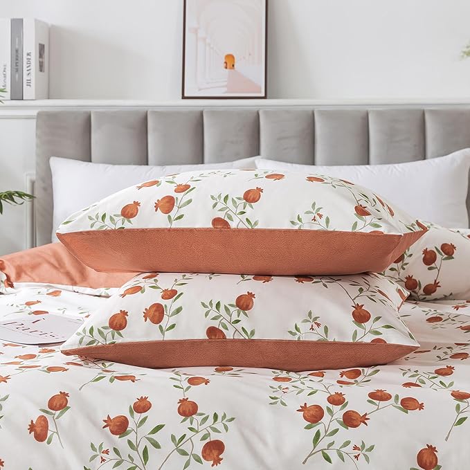 HoneiLife Fruits Duvet Cover Queen - 100% Cotton Comforter Cover 3-PC, Botanical Bedlinen Set with Zipper Closure & Corner Ties, Pomegranate Comforter Cover Sets