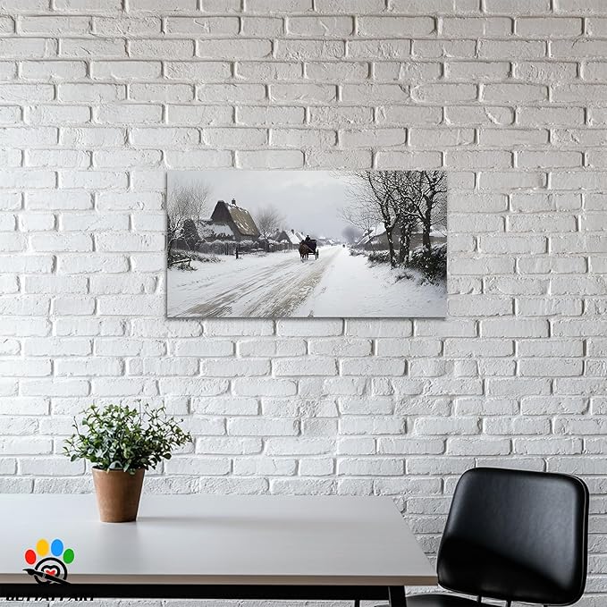 GUTTATY Christmas Winter Scene Canvas Wall Art, Countryside Snow Pictures, Rustic Wall Decor with Horse Carriage, Serene Canvas Painting for Living Room, Bedroom, Holiday Home Decor, 48x24 Inch