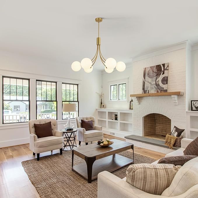 6-Light Modern Gold Sputnik Chandelier Mid Century Brushed Brass Light Fixture with Milk Glass Globes for High Ceiling Dining Room Kitchen Island Living Room