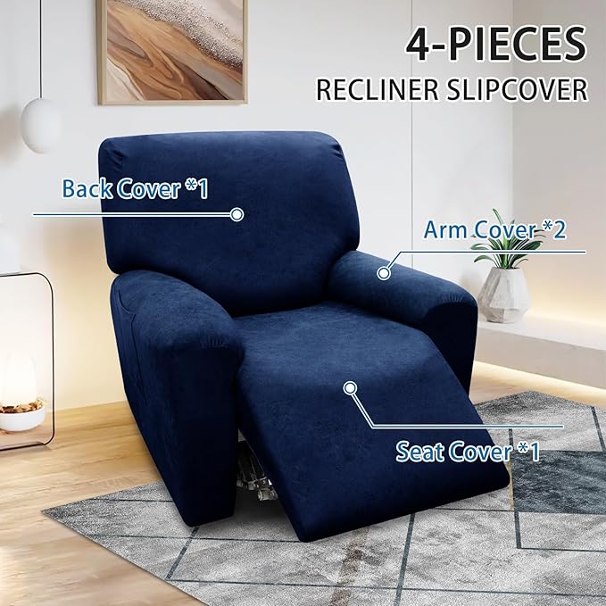 Chair Covers 4-Pieces Recliner Chair Covers 1 Seater Cover for Recliner Chair Leather Look Recliner Slipcovers with Pockets Spandex Fabric Furniture Covers(Recliner, Navy)