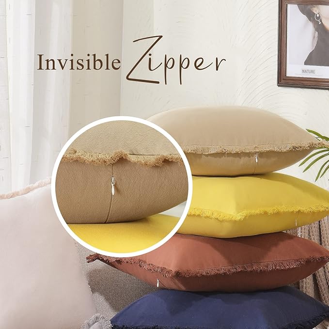 ZWJD Pillow Covers 24x24 Set of 2 Olive Green Throw Pillow Covers with Fringe Chic Cotton Decorative Pillows Square Cushion Covers for Sofa Couch Bed Living Room Farmhouse Boho Decor