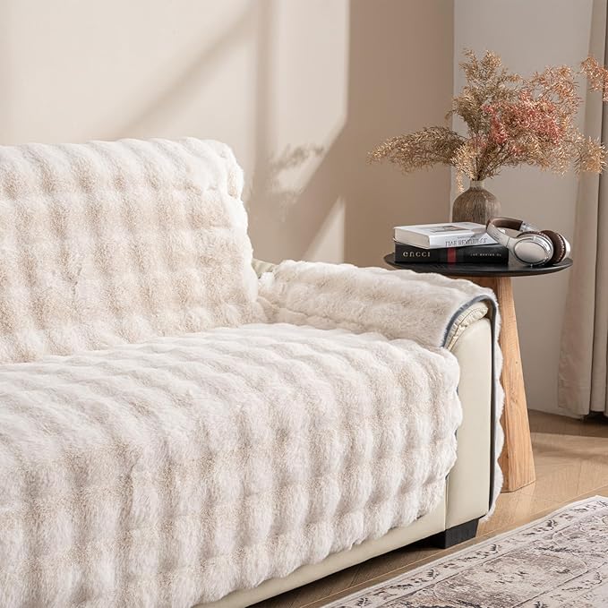 Plush and Fuzzy Shaggy Couch Cover, Dog Pad Faux Fur Sofa Cover, Water Resistant Slipcover, Non-Slip Furniture Protector for Kids,Dogs,Cats.(White-Bubble, X-Large Sofa)