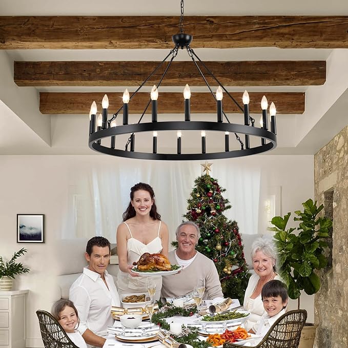 Wagon Wheel Chandeliers 40" 20-Light, Black Modern Farmhouse Chandelier with Adjustable Height, Hanging Island Light Fixture for Dining Living Ceiling Room Outdoor