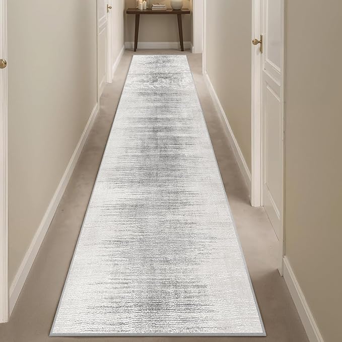 Enkor Runner Rugs for Hallway, 2x10 Washable Soft Non Slip Abstract Rugs for Kitchen, Modern Mat for Entryway Living Room Bedroom White & Grey