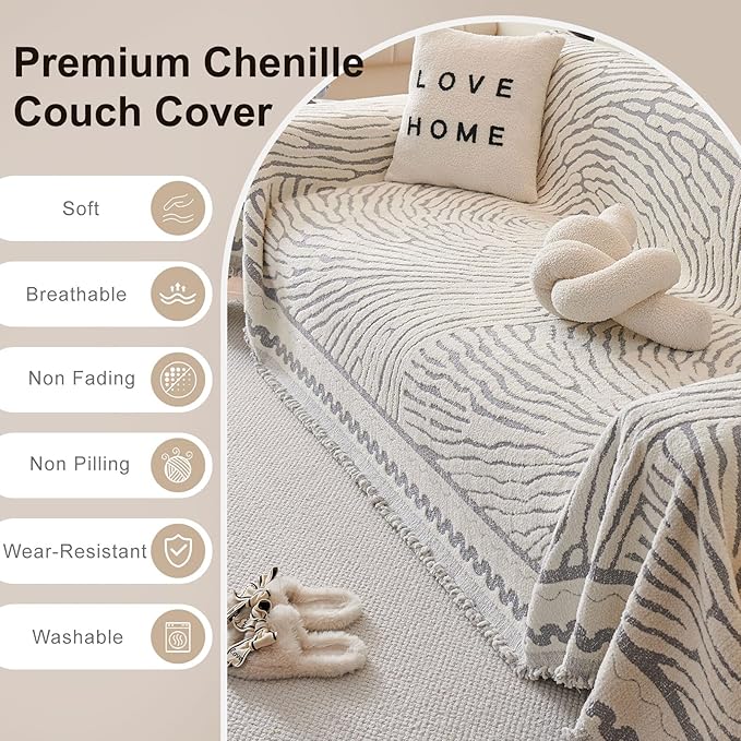 ROOMLIFE Thicked Striped Couch Cover with Tassel Gray Chenille Sofa Cover Blanket for Sectional Sofa, Soft Sofa Slipcovers for L Shaped Love Seat 2-3 Cushion Couch Anti Slip Sofa Protector, 71"x134"