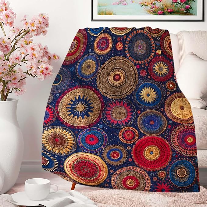 Colorful Bohemian Printed Blanket for Women Men, Mandala Circular Patterns Soft Lightweight All Season Throw for Home Decor, Couch, Bed, Camping, Travel, 40x50 Inches