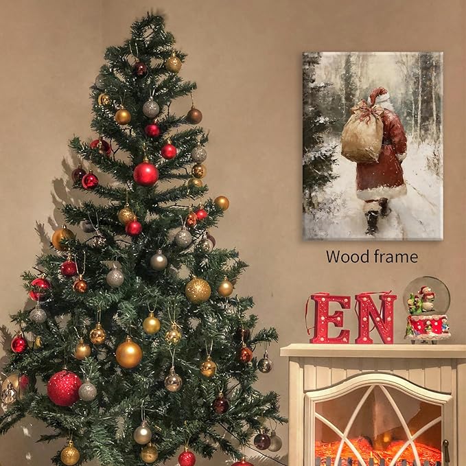 Santa Claus in Winter Forest Poster Vintage Christmas Holiday Canvas Wall Art 12x16 inch Framed Cozy Nature Christmas Tree Oil Painting Prints for Cottagecore Bedroom Wall Decor