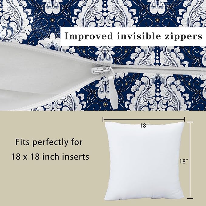 LOVOUS Navy Blue and White Damask Throw Pillow Covers 18x18 Inch Set of 2, Vintage Linen Decorative Pillow Covers for Bed Couch Sofa Bedroom Living Room Home Decor, B18