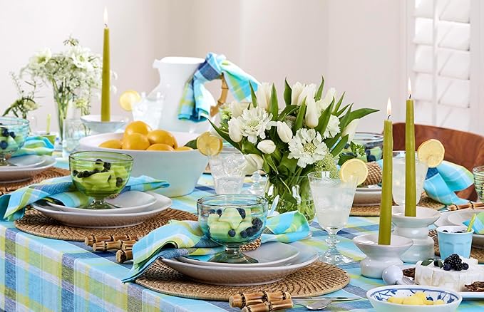 Solino Home Blue Linen Tablecloth 52 x 52 Inch - 100% Pure Linen Summer Madras Plaid Tablecloth - Handcrafted and Machine Washable Table Throw