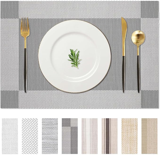 AHHFSMEI Placemats for Dining Table Set of 4 Woven Vinyl Plastic Place Mats Non-Slip Heat Insulation Stain Resistant Table Mats Washable Easy Clean Placemats (Silver Corner 4)
