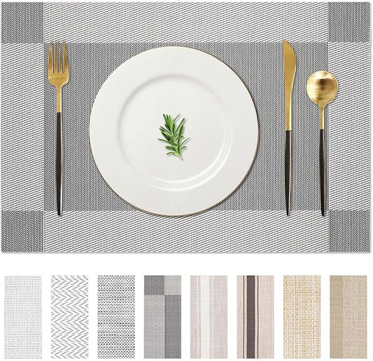 AHHFSMEI Placemats for Dining Table Set of 8 Woven Vinyl Plastic Place Mats Non-Slip Heat Insulation Stain Resistant Table Mats Washable Easy Clean Placemats (Silver Corner 8)