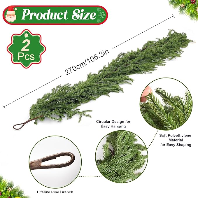 18FT(2 * 9FT) Christmas Norfolk Pine Garland, Real Touch Faux Green Garlands, Holiday Decor Winter Artificial Greenery Garland for Mantle, Stairs, Table, Fireplace, Indoor & Outdoor Xmas Decorations