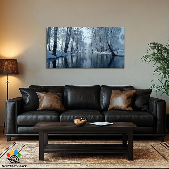 GUTTATY Christmas Winter Scene Canvas Wall Art, Snow Forest Canvas Prints, Tranquil Birch Tree Pictures, Serene Blue Wall Decor for Living Room, Bedroom, Holiday Decoration, 48x24 Inch
