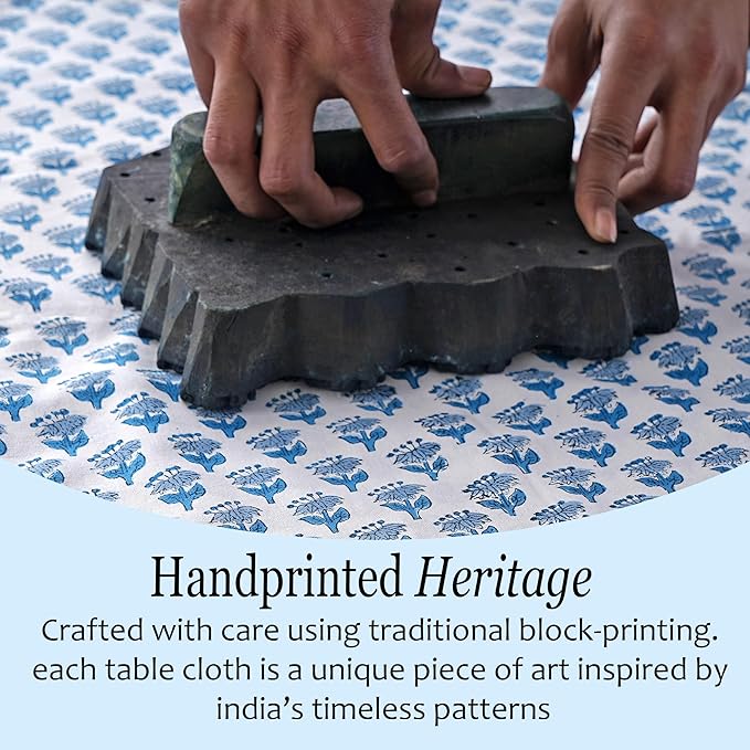 CPC Tablecloth 100% Cotton 72x140 Inch Indian Block Print Rectangle Table Cover, Blue Table Cloth for Weddings, Spring/Summer, Barbeque - Apatite Blue