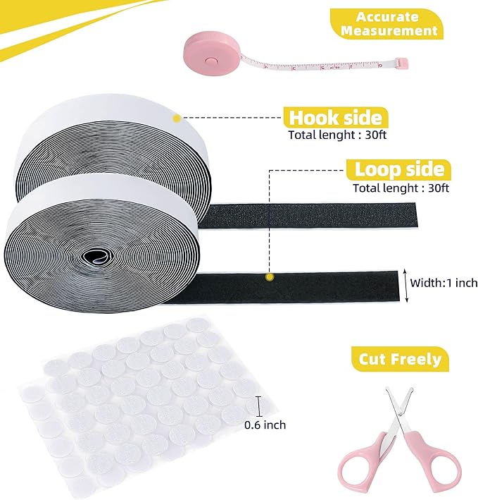 30Ft x 1 in Velcro Strips with Adhesive, Hook and Loop Strips with Adhesive, Double Rolls of Heavy Duty Interlocking Tape Fasteners Double-Sided Tape Strong Back Adhesive Mounting Tape (Black)