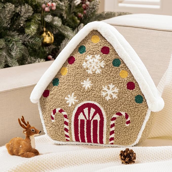 Phantoscope Gingerbread Series House Merry Christmas Throw Pillow, Plush Faux Rabbit Fur Embroidered Teddy Sherpa Gingerbread House Xmas Decorative Shaped Pillow, Beige, 12x13 in