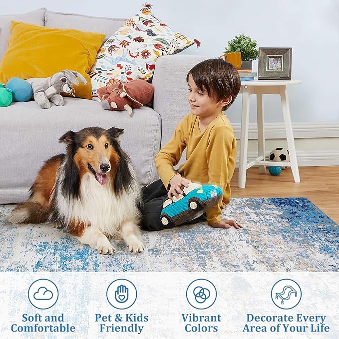 9x12 Modern Abstract Accent Rug Non Slip Stain Resistant Throw Rug Low Pile Machine Washable Indoor Floor Cover for Bedroom Living Room Office Home Decor, Blue/Grey