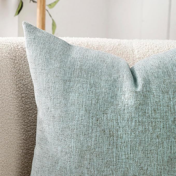 Jepeak Decorative Throw Pillow Covers Pack of 2 Chenille Cozy Modern Concise Cushion Cases for Bedroom Sofa Couch Home Decoration, Lightcyan+brown Thread, 18 x 18 Inches