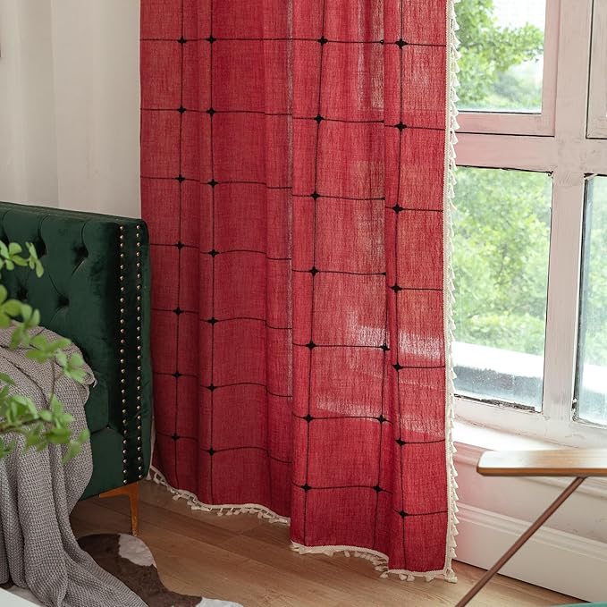Sutuo Home Boho Curtains for Kitchen Nursery 63 Inch Length, Grid Linen Light Filtering Farmhouse Vintage Chic Tassels Window Treatment Bohemian Drape for Xmas Decor 1 Panel 52" W x 63" L, Red Plaids