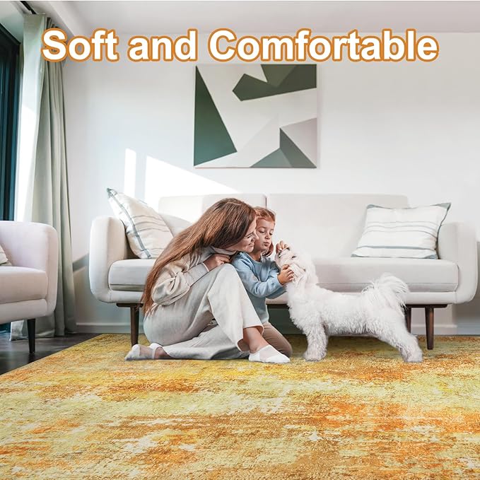 Washable Area Rug for Living Room 6x9 - Neutral Modern Abstract Rugs, Soft Non Slip Carpet with for Bedroom, Under Dining Room Table, Home, Office, Dorm - Yellow Brick