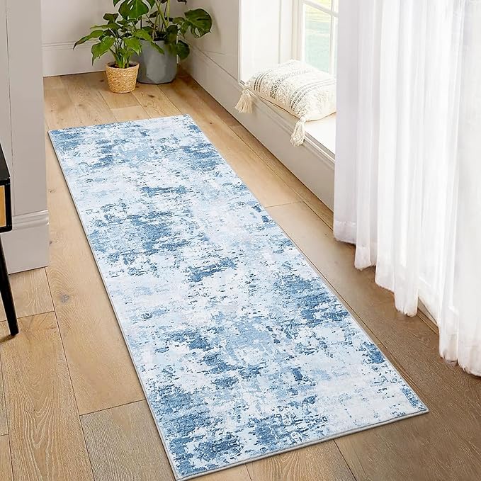 2x6 Modern Abstract Runner Rug Non Slip Soft Stain Resistant Low Pile Machine Washabl Non Shed Rug for Hallway Kitchen Bathroom, Blue