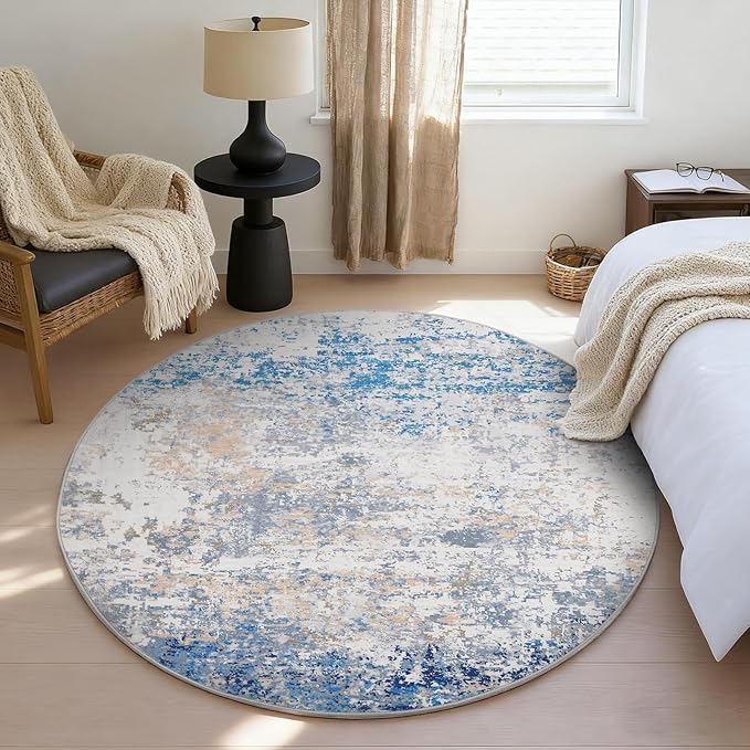 Modern Abstract 4x4 Round Area Rug Non Slip Non Shedding Rug Low Pile Stain Resistant for Bedroom Living Room Office Dining Room,Blue/Grey
