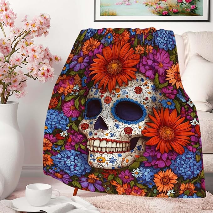 Sugar Skull Throw Blanket, Gift for Women and Men, Day of Dead Theme, Lightweight Fleece for Home Decor, Couch and Chair, 50x60 Inches
