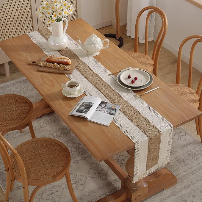 Boho Burlap Macrame Table Runner, Farmhouse Style Cotton Linen Rustic Woven Table Runner with Tassels for Dining, Wedding, Bridal Shower, Bohemian (12x72 inch, Coffee Stripe)