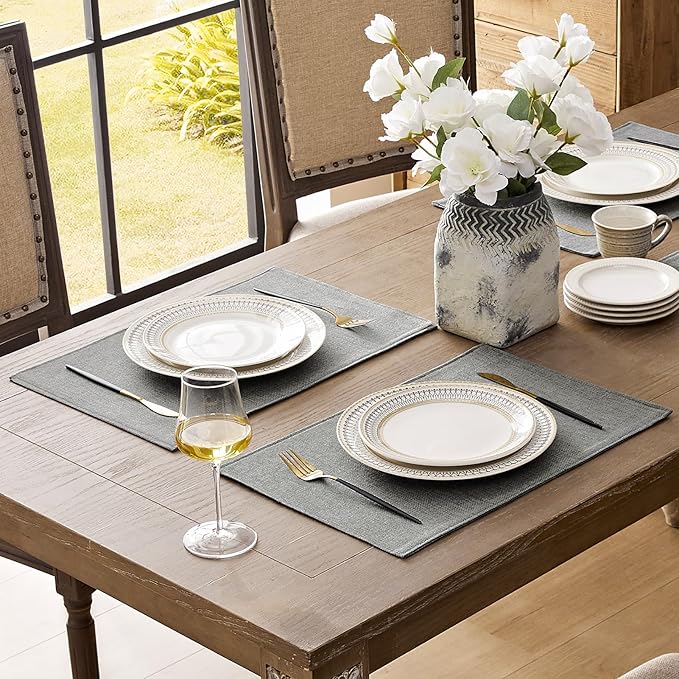 Romanstile Cloth Placemats Set of 8-12 x 18 Inch, Heat Resistant Double Layered Thickened Burlap Place Mats, Washable Faux Linen Farmhouse Table Mats for Kitchen/Dining/Party/Outdoor, Grey