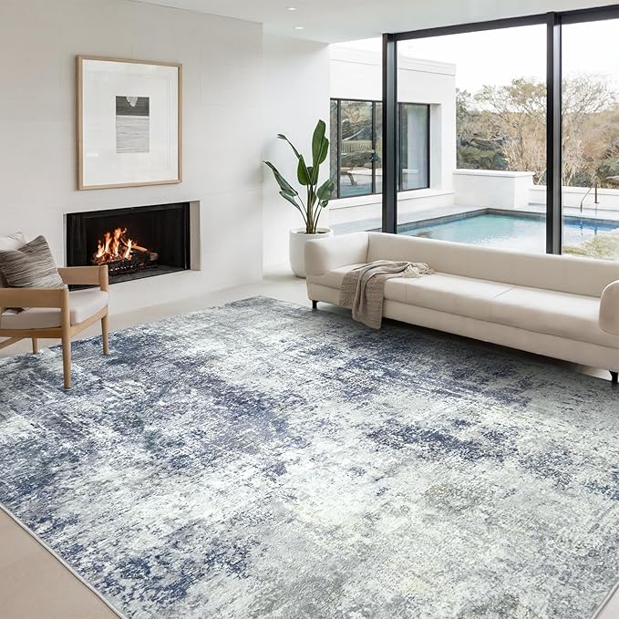 Washable Area Rugs for Living Room 8x10 - Large Neutral Modern Abstract Rug, Soft Low Pile Carpet with Non Slip Backing for Under Dining Room Table, Bedroom, Home, Office, Dorm - Indigo Gray