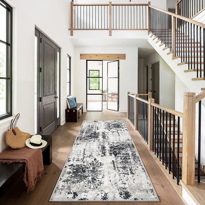 Runner Rug 2x6 Washable Runners, Modern Abstract Hallway Rugs Non-Slip Soft Kitchen Runner Stain Resistant Runners for Hallways, Entryway, Foyer, Bedroom, Laundry Room(Black,2'x6')