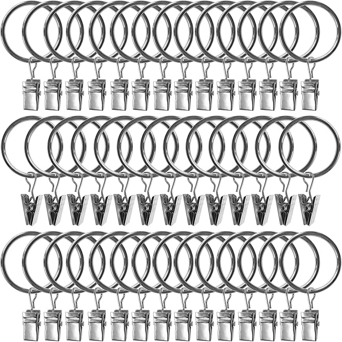 100 Pack Curtain Rings with Clips, Drapery Clips with Rings, Drapes Rings 1.26 in Interior Diameter, Fits up to 1 Inch Curtain Rod, Silver