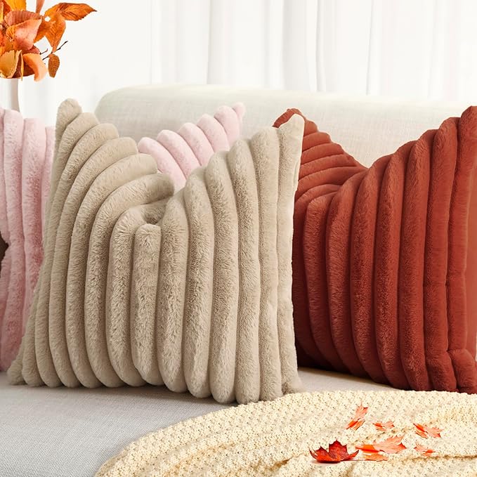 decorUhome Faux Fur Thanksgiving Day Throw Pillow Covers 12x20 Set of 2, Decorative Soft Plush Striped Neutral Couch Euro Pillow Covers with Velvet Back for Sofa, Bed, Living Room Home Decor, Orange