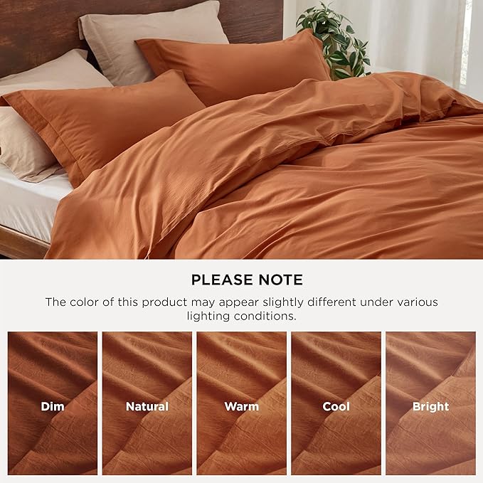 Bedsure 100% Washed Cotton Duvet Cover King Size - Burnt Orange Minimalist Cotton Duvet Cover Linen Like for All Seasons - GentleSoft™ Plain Simple Bedding (Burnt Orange, King, 104"x90")