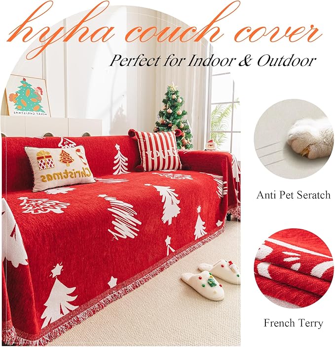 hyha Couch Cover for Dogs, Boho Sofa Covers for 3 Cushion Couch Washable, Chenille Sofa Slipcover for Pets, Soft Loveseat Sectional Couch Throw Blankets with Tassels (Red Christmas Tree, 71x134 Inch)