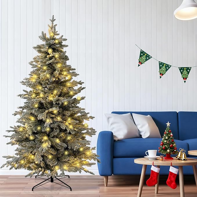 6ft Snow Flocked Prelit Christmas Tree Decorations with 200 Dual-Color LED Lights, Lighted Artificial White Xmas Tree for Indoor Decor,Mantel & Entryway with 1382 Tips, Metal Stand,Plug-in