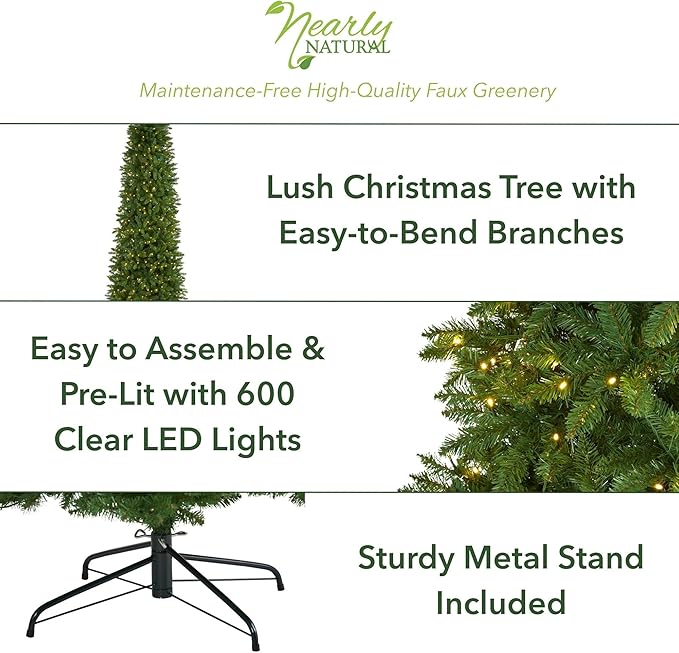 Nearly Natural 9ft. Slim Green Mountain Pine Artificial Christmas Tree with 600 Clear LED Lights