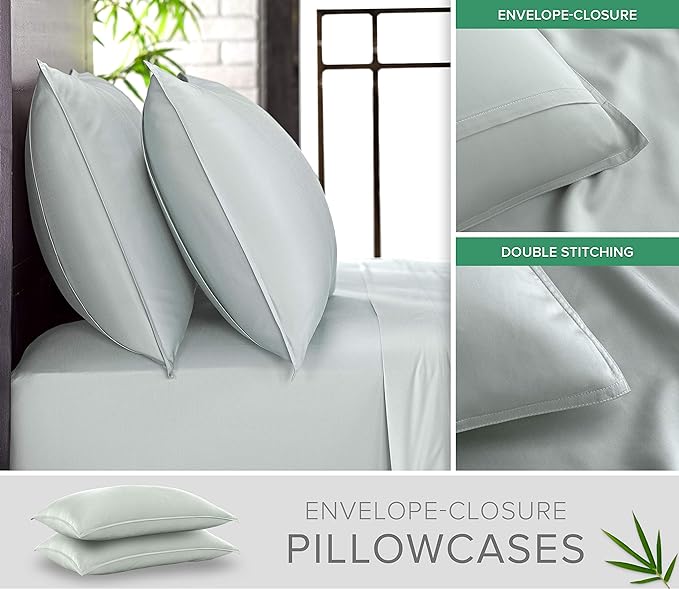 Pure Bamboo Split King Sheets, Genuine 100% Organic Viscose Derived from Bamboo Bed Sheet Set, Soft & Cooling, Double Stitching, 2 Fitted Sheets (Split King, Sea Glass)