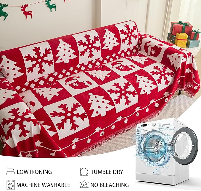 MEETSKY Christmas Couch Cover for Sectional Sofa, Chenille Loveseat Red Sofa Covers Washable for Pet Friendly Snowflake Christmas Tree Decorative Couch Covers, 71" x 102"
