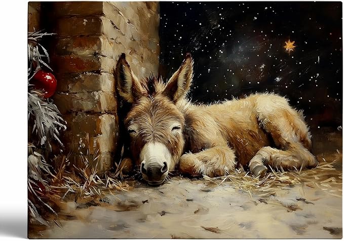 Rustic Holiday Wall Art,Christmas Donkey Nativity Print,Vintage Christian Christmas Religious Prints for Church Cottagecore Decor
