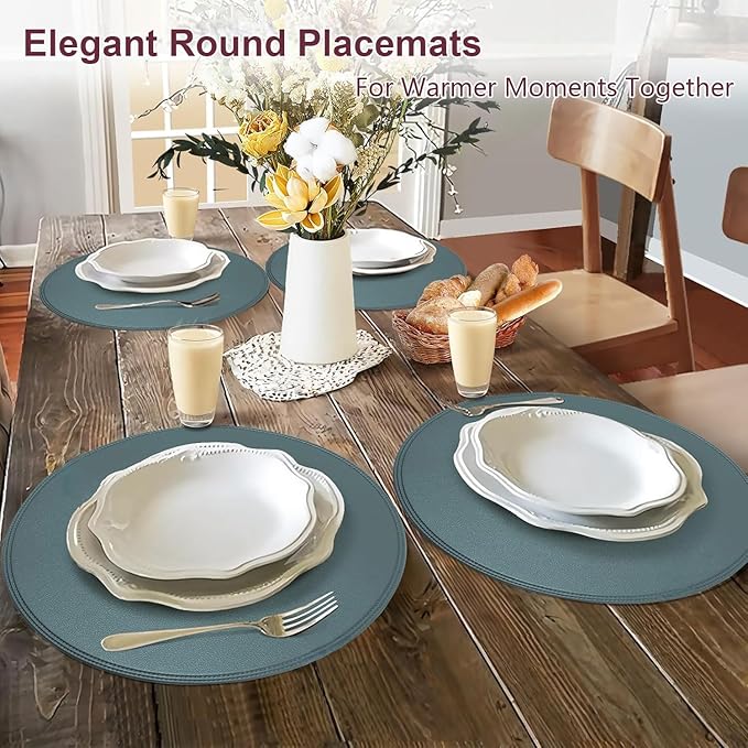 Round Vinyl Blue Placemats Set of 6, Faux Leather Waterproof Wipeable Heat Resistant Place Mats, Washable Table Mats for Halloween, Thanksgiving & Christmas Dinner(Light Blue)
