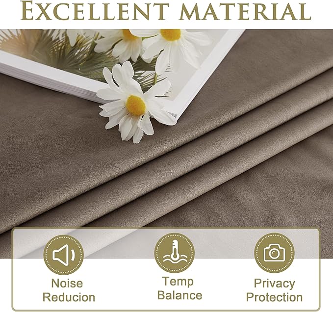 StangH Luxury Velvet Curtains 108 inches for Living Room, Super Soft Thick Drapes for Thermal Insulated Light Blocking, Sliding Door Curtains for Office, Taupe, W52 x L108, 2 Panels