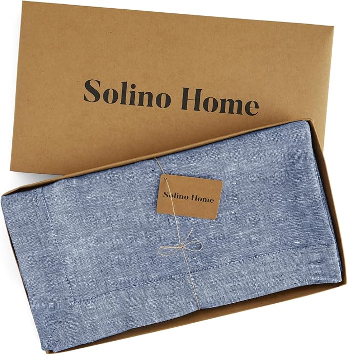 Solino Home Linen Tablecloth 60 x 108 Inch - 100% Pure Linen Chambray Indigo Table Cloth for Rectangle Tables - Athena, Machine Washable Tablecloth for Christmas