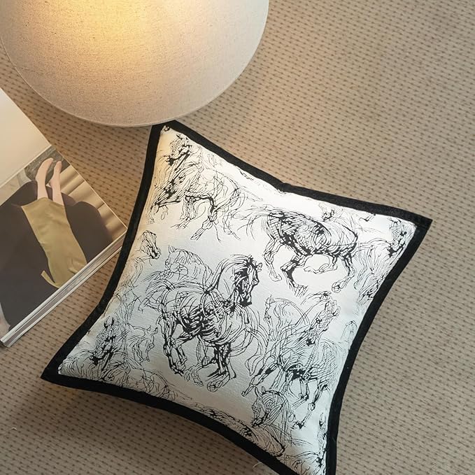 New 18x18'' inches Throw Pillow Cushion Covers - Black Horse Chenille Jacquard Embroidery with Edge Strip Luxury Modern Style Couch Sofa Bed Pillow Cover for Living Room Bedroom