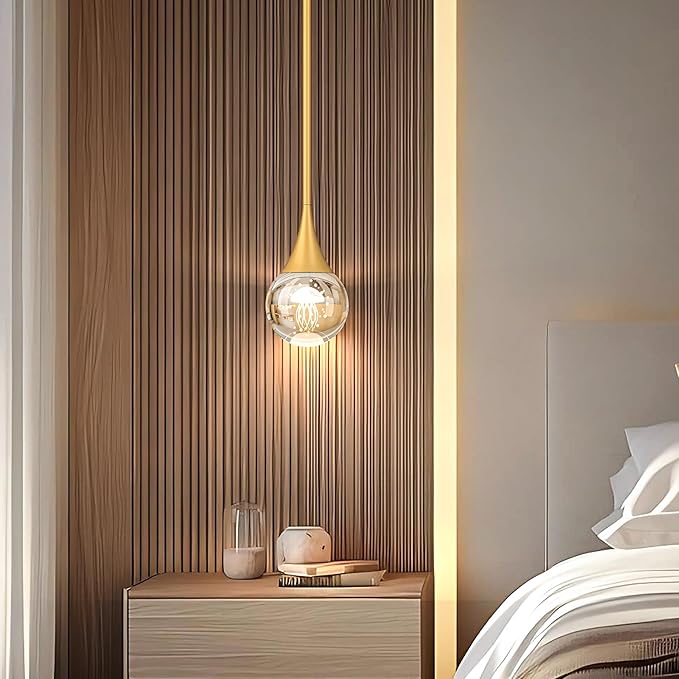 1-Pendant Lights Kitchen Island, Brass Gold Globe Crystal Ceiling Hanging Light Fxitures, LED Light Fixtures Metal Rod Ceiling Glass Pendant Lighting for Kitchen Island Dining Room Bar