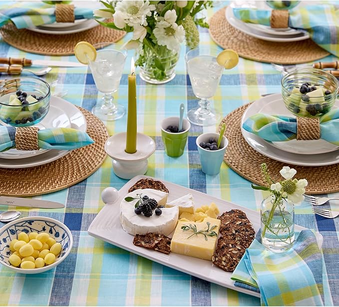 Solino Home Blue Linen Plaid Tablecloth 60 x 132 Inch - 100% Pure Linen Summer Madras Plaid Tablecloth - Handcrafted and Machine Washable Table Cover